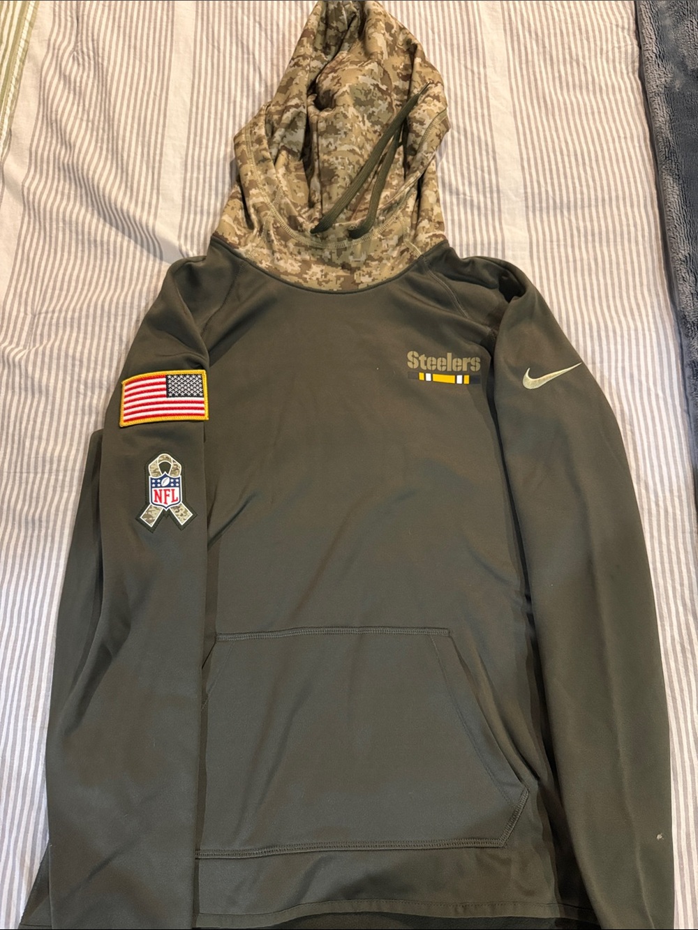 Nike Olive Green Camo-Hood Steelers Pullover Hoodie
